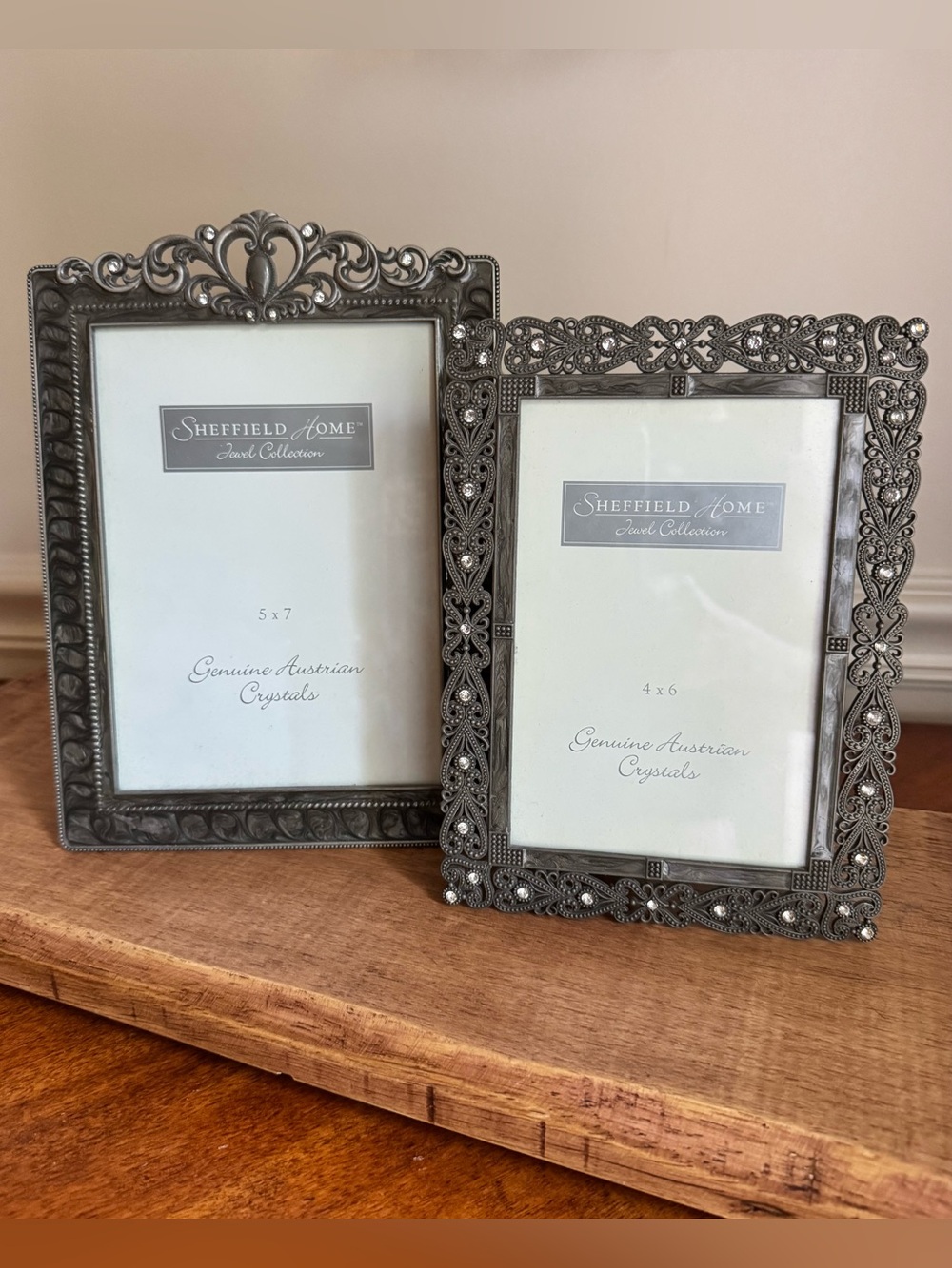 Lot of 2 Pewter/Crystal SHEFFIELD HOME Jewel Collection Picture Frames 5x7 & 4x6